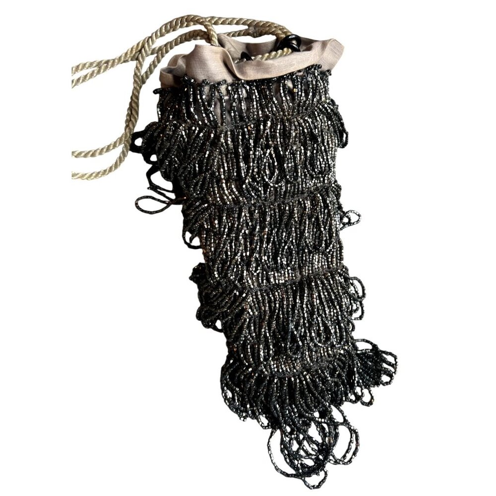 Antique Beaded Drawstring Pouch Czechoslovakia Black Glass Beads Rope Handle - Picture 1 of 3